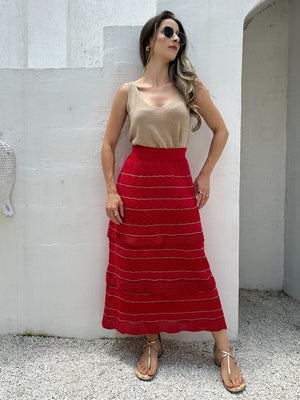 Saia Midi com Camadas Vermelha com Rosa e Lurex Melancia