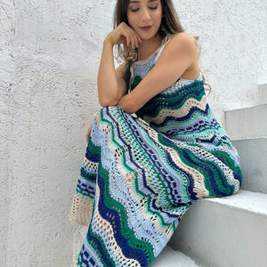 Vestido de tricot vazado com listras azul verde e areia Macadâmia