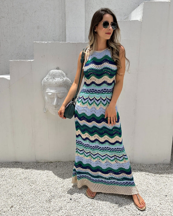 Vestido de tricot vazado com listras azul verde e areia Macadâmia