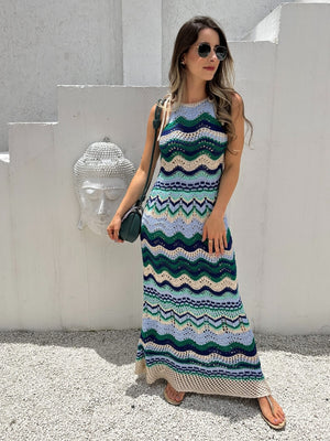 Vestido de tricot vazado com listras azul verde e areia Macadâmia