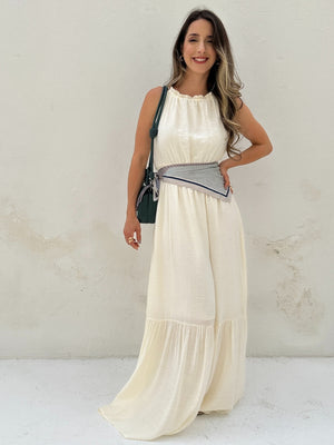 Vestido longo fluido com elastico na cintura off-white Melão