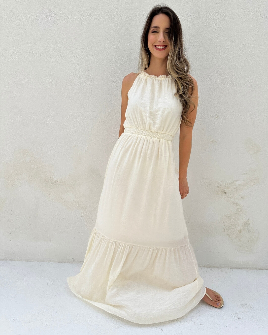 Vestido longo fluido com elastico na cintura off-white Melão