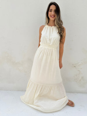 Vestido longo fluido com elastico na cintura off-white Melão