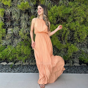 Vestido longo fluido com elastico na cintura coral Melão