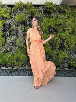 Vestido longo fluido com elastico na cintura coral Melão