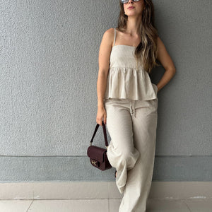 Calça Wide Leg Cós com Elástico e Amarração Amêndoa