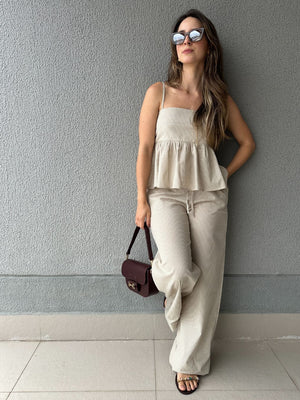 Calça Wide Leg Cós com Elástico e Amarração Amêndoa