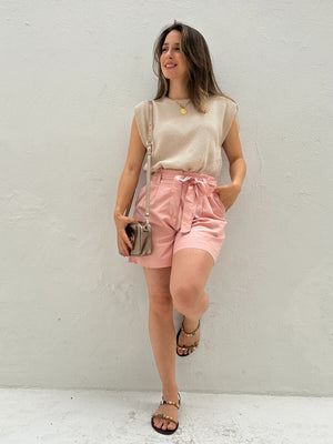 Short Solto Viscolinho Alfaiataria com Cinto Rosa Azaléia