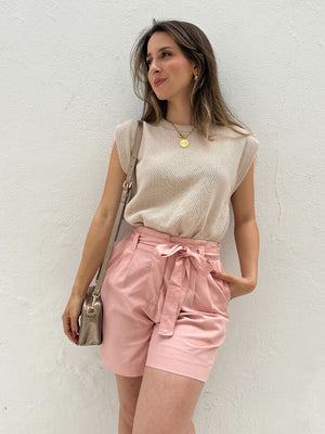 Short Solto Viscolinho Alfaiataria com Cinto Rosa Azaléia