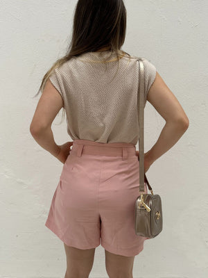 Short Solto Viscolinho Alfaiataria com Cinto Rosa Azaléia