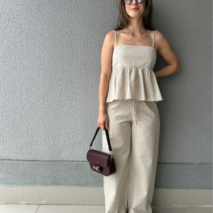 Calça Wide Leg Cós com Elástico e Amarração Amêndoa
