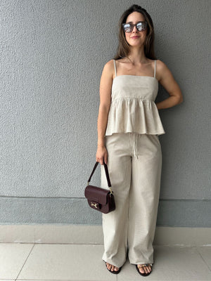 Calça Wide Leg Cós com Elástico e Amarração Amêndoa
