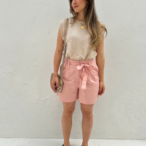 Short Solto Viscolinho Alfaiataria com Cinto Rosa Azaléia