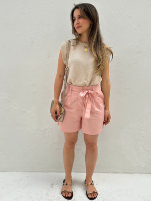 Short Solto Viscolinho Alfaiataria com Cinto Rosa Azaléia