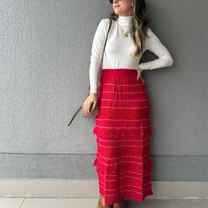Saia Midi com Camadas Vermelha com Rosa e Lurex Melancia