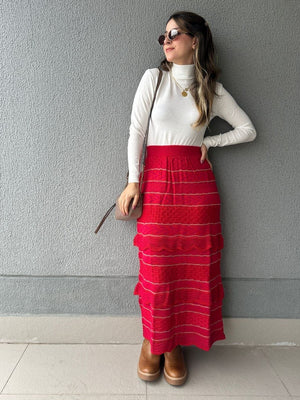Saia Midi com Camadas Vermelha com Rosa e Lurex Melancia
