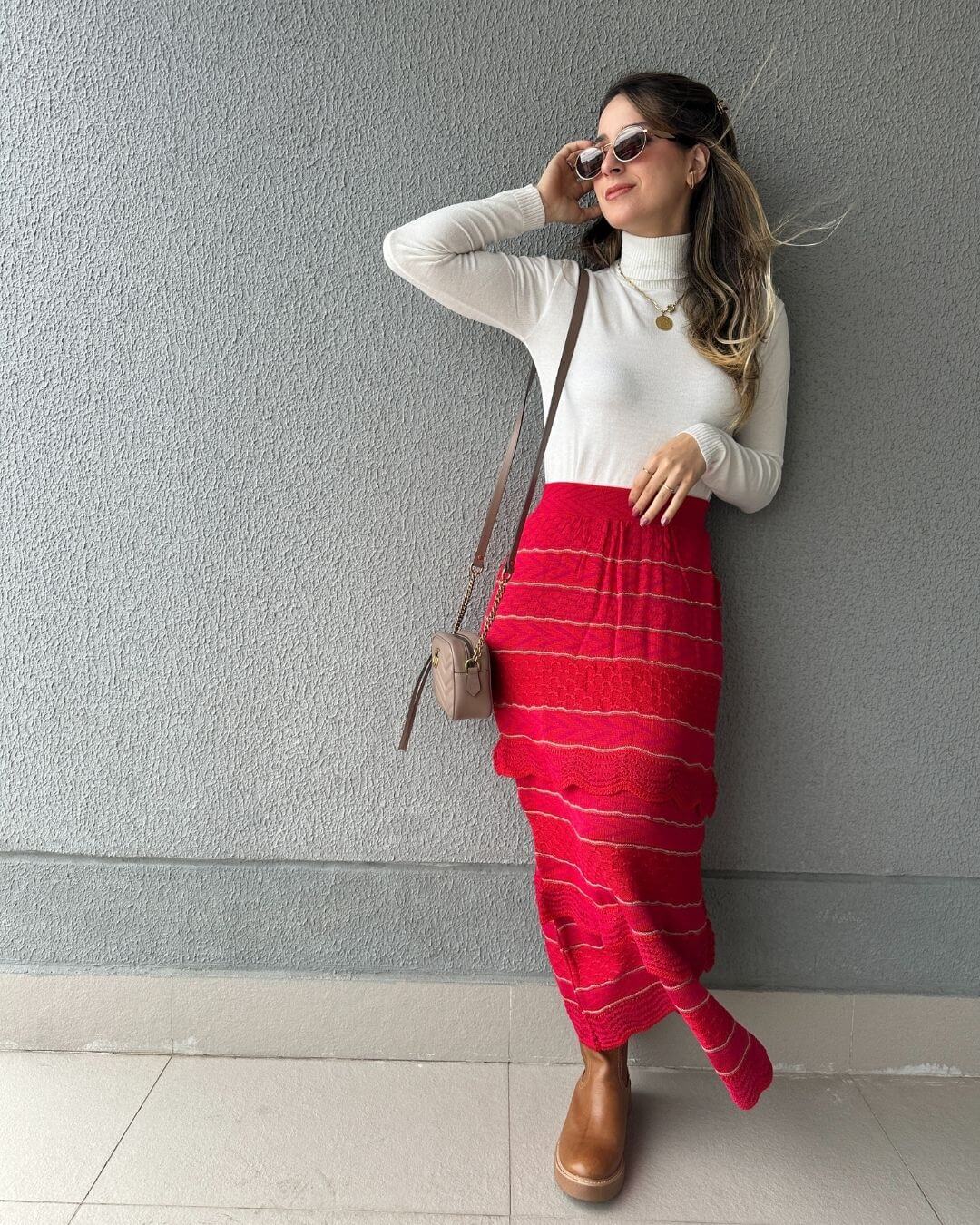 Saia Midi com Camadas Vermelha com Rosa e Lurex Melancia
