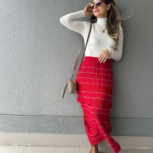 Saia Midi com Camadas Vermelha com Rosa e Lurex Melancia