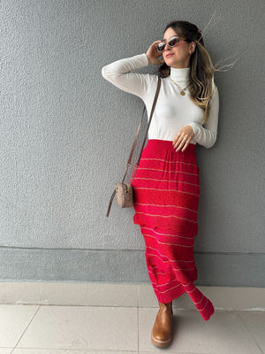 Saia Midi com Camadas Vermelha com Rosa e Lurex Melancia