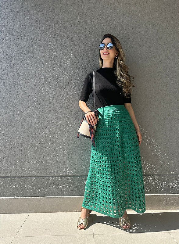 Saia tricot midi vazado evasê verde Samambaia