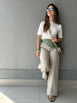 Calça Wide Leg Cós com Elástico e Amarração Amêndoa