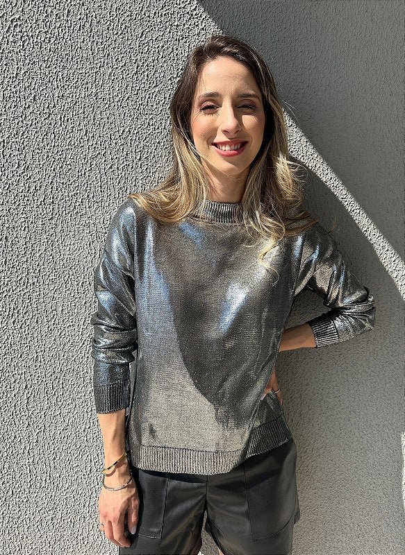 Blusa tricot preta metalizada com foil prata Hortênsia