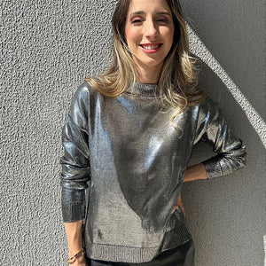 Blusa tricot preta metalizada com foil prata Hortênsia