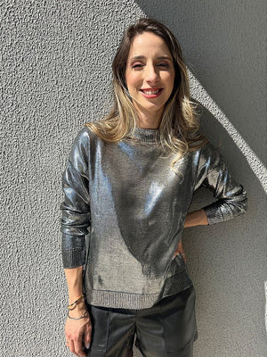 Blusa tricot preta metalizada com foil prata Hortênsia