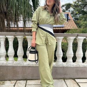 Conjunto de Algodão com Calça Reta e Camisa Tradicional  Verde Pequi