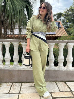Conjunto de Algodão com Calça Reta e Camisa Tradicional  Verde Pequi