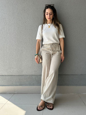 Calça Wide Leg Cós com Elástico e Amarração Amêndoa