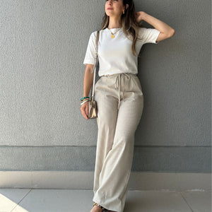 Calça Wide Leg Cós com Elástico e Amarração Amêndoa