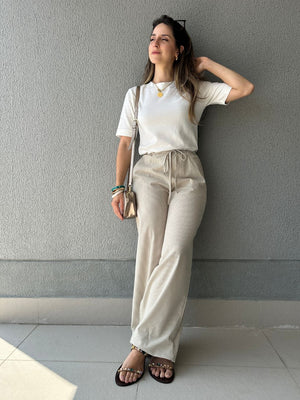 Calça Wide Leg Cós com Elástico e Amarração Amêndoa
