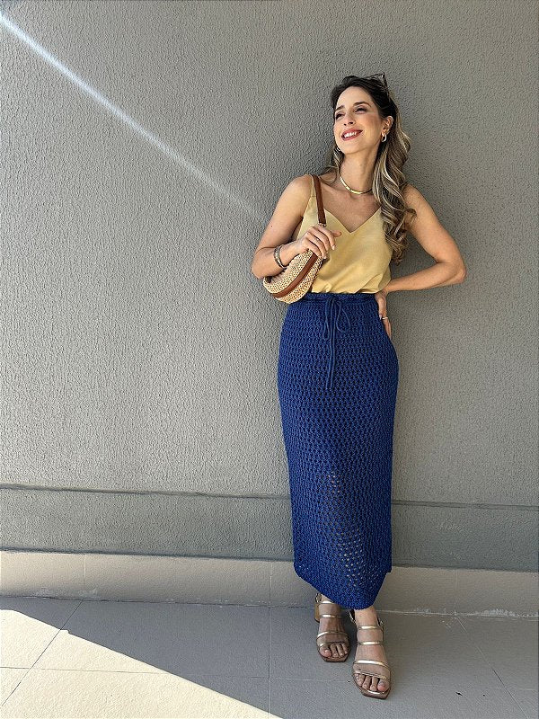 Conjunto de tricot com saia midi e regata azul Pitanga