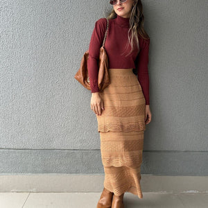 Saia Midi com Camadas Caramelo e Lurex Dourado Melancia