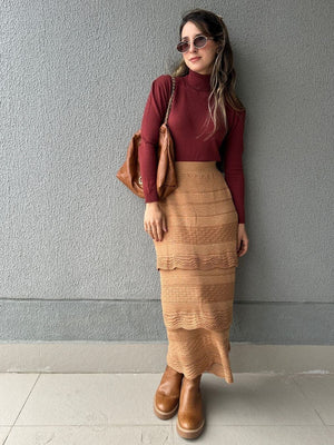 Saia Midi com Camadas Caramelo e Lurex Dourado Melancia