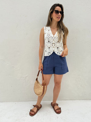 Short Solto com Elástico na Cintura e Bolso Azul Cobalto Guaraná