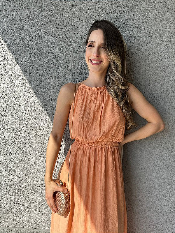 Vestido longo fluido com elastico na cintura coral Melão