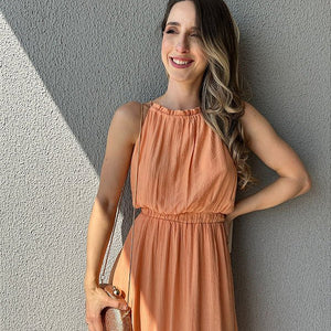 Vestido longo fluido com elastico na cintura coral Melão