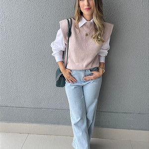 Kit Colete Tricot ombros destacados Muscle rosé Avelã + Camisa tradicional com bolso frontal branca Jasmim