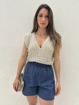 Short Solto com Elástico na Cintura e Bolso Azul Cobalto Guaraná