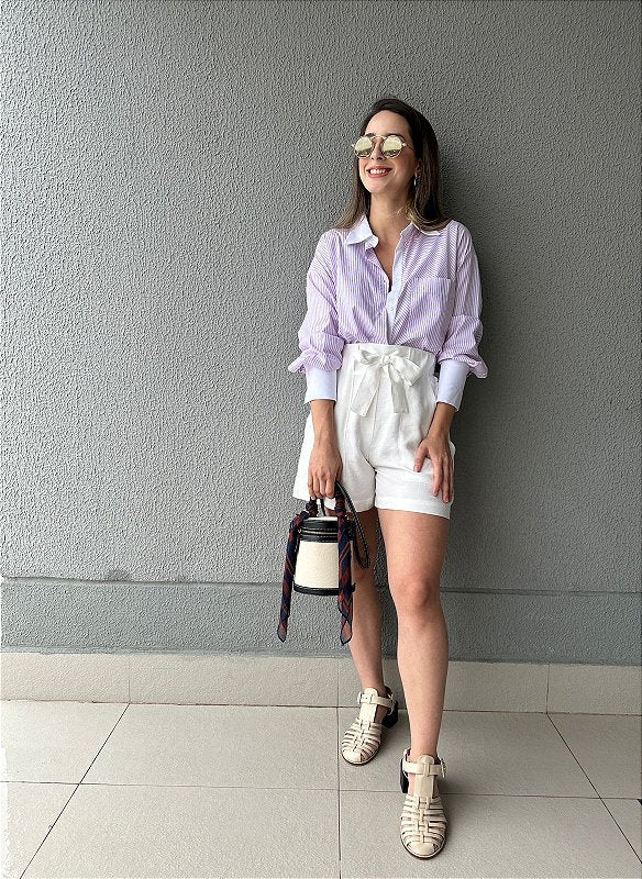 Camisa oversized listrada branco lilás Alamanda