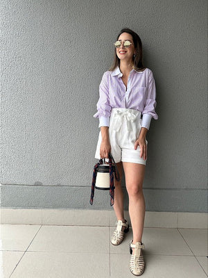 Camisa oversized listrada branco lilás Alamanda