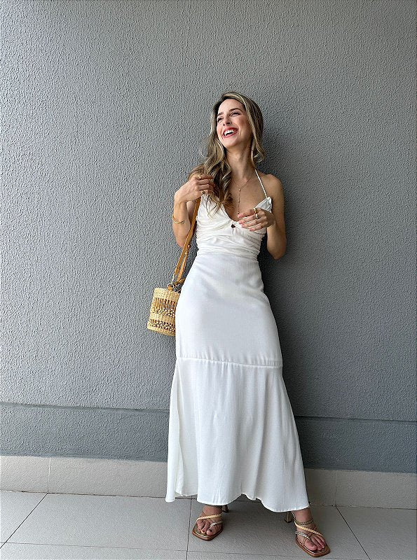 Vestido frente única midi com elástico nas costas off white Avelã