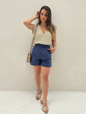 Short Solto com Elástico na Cintura e Bolso Azul Cobalto Guaraná