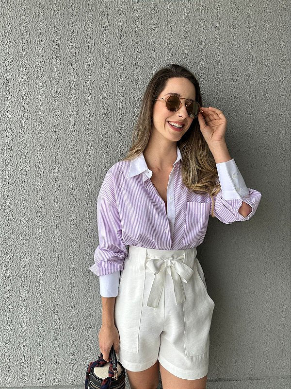 Camisa oversized listrada branco lilás Alamanda