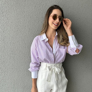 Camisa oversized listrada branco lilás Alamanda