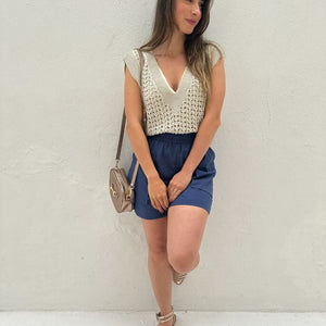 Colete tricot fechado cru com lurex prata e dourado Limão