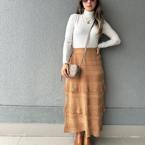 Saia Midi com Camadas Caramelo e Lurex Dourado Melancia