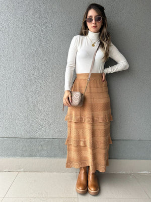 Saia Midi com Camadas Caramelo e Lurex Dourado Melancia